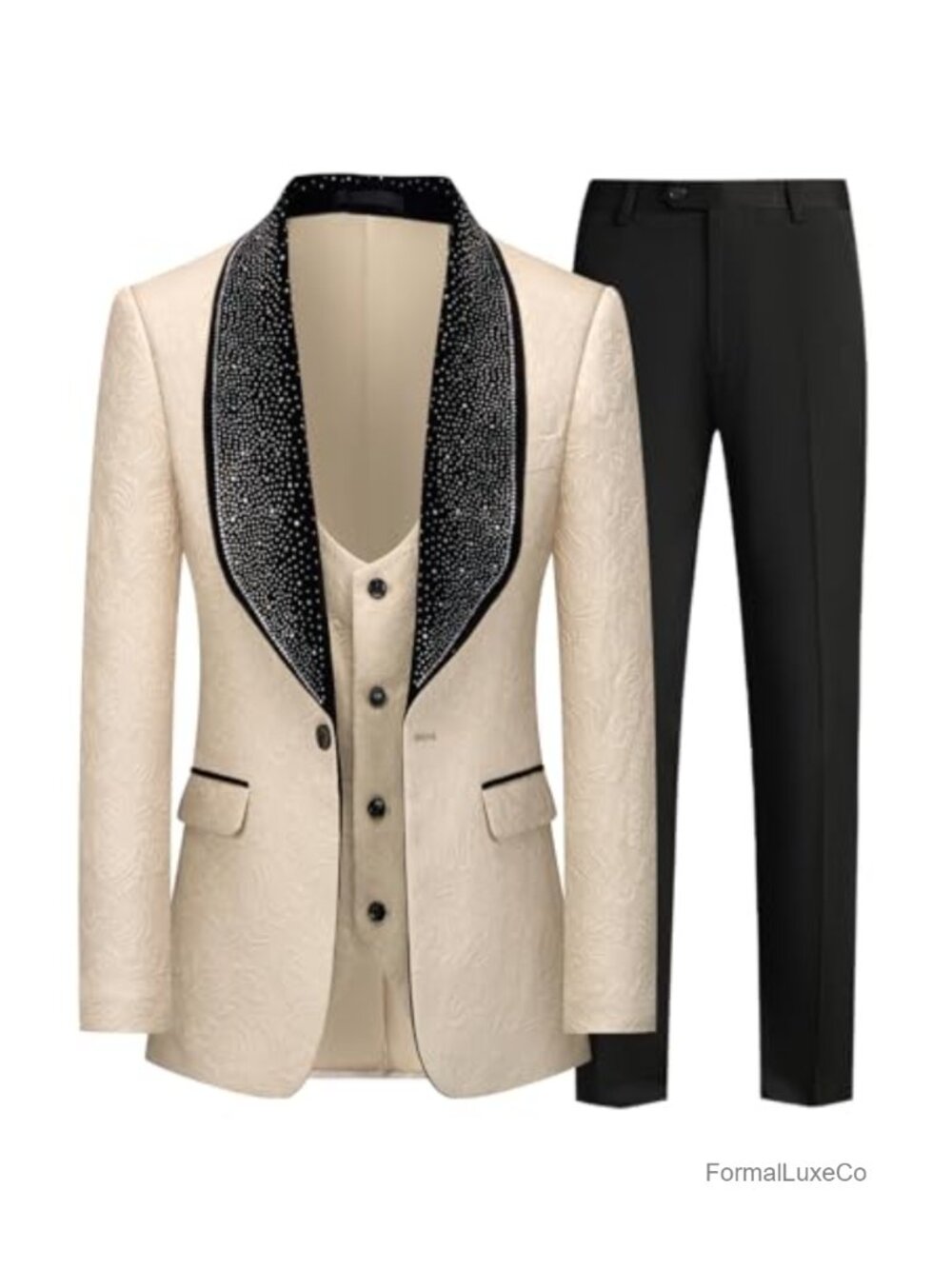 3 Piece Jacquard Suit Set with Rhinestone Lapel Tuxedo
